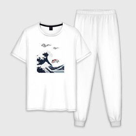 Мужская пижама хлопок с принтом Карп кои в Санкт-Петербурге, 100% хлопок | брюки и футболка прямого кроя, без карманов, на брюках мягкая резинка на поясе и по низу штанин
 | Тематика изображения на принте: волна | карпы кои | океан | рыба | японские карпы