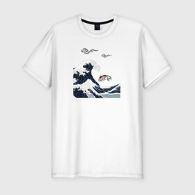 Мужская футболка хлопок Slim с принтом Карп кои в Санкт-Петербурге, 92% хлопок, 8% лайкра | приталенный силуэт, круглый вырез ворота, длина до линии бедра, короткий рукав | Тематика изображения на принте: волна | карпы кои | океан | рыба | японские карпы