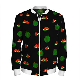 Мужской бомбер 3D с принтом Арбуз на черном фоне в Санкт-Петербурге, 100% полиэстер | застегивается на молнию, по бокам два кармана без застежек, по низу бомбера и на воротнике - эластичная резинка | Тематика изображения на принте: food | pattern | red | ripe | round | seeds | slice | slices | small | summer | watermelon | whole | арбуз | горох | еда | красный | круглый | кусочки | летний | ломтик | мелкий | нарезанный | паттерн | пища | семечки | спелый | целый