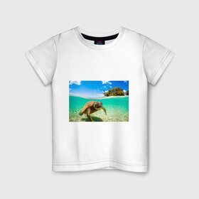 Детская футболка хлопок с принтом Морская черепашка в Санкт-Петербурге, 100% хлопок | круглый вырез горловины, полуприлегающий силуэт, длина до линии бедер | Тематика изображения на принте: отдых | пляж | черепашка под водой
