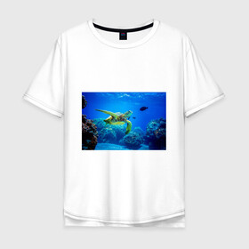 Мужская футболка хлопок Oversize с принтом Морская черепаха в Санкт-Петербурге, 100% хлопок | свободный крой, круглый ворот, “спинка” длиннее передней части | Тематика изображения на принте: морская черепаха | океан | подводный мир | черепаха