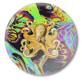 Значок с принтом Octopus Ink в Санкт-Петербурге,  металл | круглая форма, металлическая застежка в виде булавки | Тематика изображения на принте: abstraction | acid | kraken | ocean | octopus | sea | море | осьминог