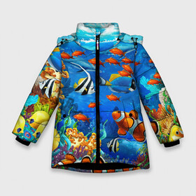 Зимняя куртка для девочек 3D с принтом Коралловые рыбки в Санкт-Петербурге, ткань верха — 100% полиэстер; подклад — 100% полиэстер, утеплитель — 100% полиэстер. | длина ниже бедра, удлиненная спинка, воротник стойка и отстегивающийся капюшон. Есть боковые карманы с листочкой на кнопках, утяжки по низу изделия и внутренний карман на молнии. 

Предусмотрены светоотражающий принт на спинке, радужный светоотражающий элемент на пуллере молнии и на резинке для утяжки. | дно морское | коралловые | кораллы | море | подводный мир | рыбки