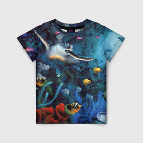 Детская футболка 3D с принтом Морская черепаха в Санкт-Петербурге, 100% гипоаллергенный полиэфир | прямой крой, круглый вырез горловины, длина до линии бедер, чуть спущенное плечо, ткань немного тянется | коралловые | кораллы | море | морская черепаха | морские обитатели | океан | подводный мир | рыбки