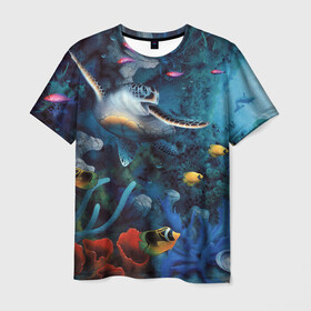 Мужская футболка 3D с принтом Морская черепаха в Санкт-Петербурге, 100% полиэфир | прямой крой, круглый вырез горловины, длина до линии бедер | Тематика изображения на принте: коралловые | кораллы | море | морская черепаха | морские обитатели | океан | подводный мир | рыбки