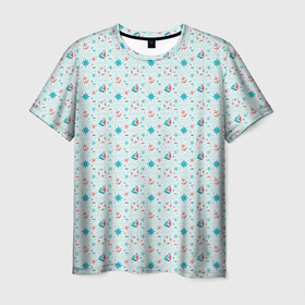 Мужская футболка 3D с принтом Морской узор в Санкт-Петербурге, 100% полиэфир | прямой крой, круглый вырез горловины, длина до линии бедер | кораблик | морской узор | спасательный круг | якорь | якоря | яхта