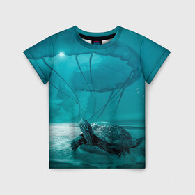 Детская футболка 3D с принтом Медуза и черепаха в Санкт-Петербурге, 100% гипоаллергенный полиэфир | прямой крой, круглый вырез горловины, длина до линии бедер, чуть спущенное плечо, ткань немного тянется | медуза | медуза в море | черепаха