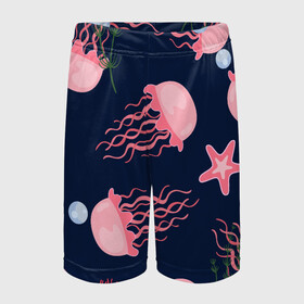 Детские спортивные шорты 3D с принтом розовые медузы в Санкт-Петербурге,  100% полиэстер
 | пояс оформлен широкой мягкой резинкой, ткань тянется
 | водоросли | медузы | морская звезда | морские жители | на глубине | розовые медузы