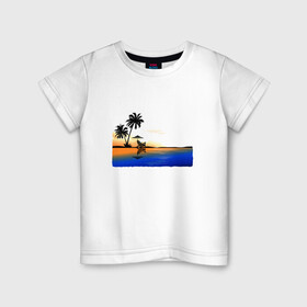 Детская футболка хлопок с принтом ПЛЯЖ в Санкт-Петербурге, 100% хлопок | круглый вырез горловины, полуприлегающий силуэт, длина до линии бедер | Тематика изображения на принте: beach | ocean | palm trees | sea | summer | sun | sunset | vacation | закат | лето | море | океан | отдых | отпуск | пальмы | песок | пляж | солнце