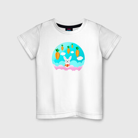 Детская футболка хлопок с принтом Зайчик в Санкт-Петербурге, 100% хлопок | круглый вырез горловины, полуприлегающий силуэт, длина до линии бедер | Тематика изображения на принте: белый | белый кролик | детская иллюстрация | для новорожденного | для ребенка | зайчик | кролик | морковка | мультик | небо | облака | пасха | природа