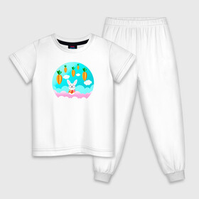 Детская пижама хлопок с принтом Зайчик в Санкт-Петербурге, 100% хлопок |  брюки и футболка прямого кроя, без карманов, на брюках мягкая резинка на поясе и по низу штанин
 | Тематика изображения на принте: белый | белый кролик | детская иллюстрация | для новорожденного | для ребенка | зайчик | кролик | морковка | мультик | небо | облака | пасха | природа