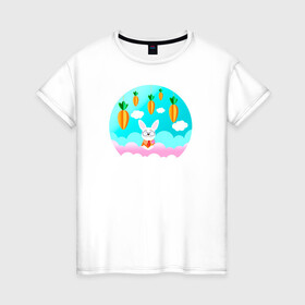 Женская футболка хлопок с принтом Зайчик в Санкт-Петербурге, 100% хлопок | прямой крой, круглый вырез горловины, длина до линии бедер, слегка спущенное плечо | белый | белый кролик | детская иллюстрация | для новорожденного | для ребенка | зайчик | кролик | морковка | мультик | небо | облака | пасха | природа