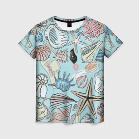 Женская футболка 3D с принтом Морские обитатели в Санкт-Петербурге, 100% полиэфир ( синтетическое хлопкоподобное полотно) | прямой крой, круглый вырез горловины, длина до линии бедер | звезды | морские животные | морские обитатели | очки | пляжный отдых | ракушки | расческа | улитки
