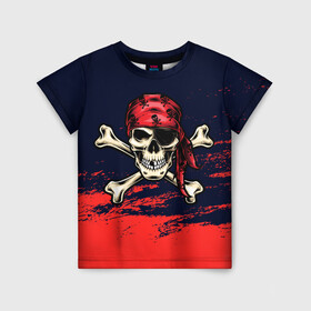 Детская футболка 3D с принтом Череп пират в Санкт-Петербурге, 100% гипоаллергенный полиэфир | прямой крой, круглый вырез горловины, длина до линии бедер, чуть спущенное плечо, ткань немного тянется | арт | бандана | кости | море | пират | скелет | череп