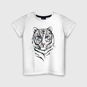 Детская футболка хлопок с принтом Белый тигр в Санкт-Петербурге, 100% хлопок | круглый вырез горловины, полуприлегающий силуэт, длина до линии бедер | альфа | белый | дикие | дикий | животные | звери | зверь | кот | котик | крутой | полоски | принт | природа | самец | тигр | тигриныйкрасивый