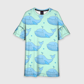 Детское платье 3D с принтом Киты в Санкт-Петербурге, 100% полиэстер | прямой силуэт, чуть расширенный к низу. Круглая горловина, на рукавах — воланы | Тематика изображения на принте: whale | кит | киты | море | океан | паттерн
