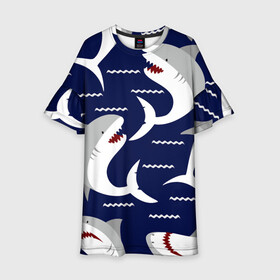 Детское платье 3D с принтом Акулы в Санкт-Петербурге, 100% полиэстер | прямой силуэт, чуть расширенный к низу. Круглая горловина, на рукавах — воланы | shark | акула | акуленок | акулы | жители | клыки | море | морские | океан | рыба | черные