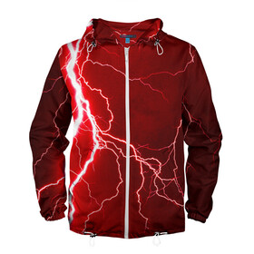 Мужская ветровка 3D с принтом Red Lightning в Санкт-Петербурге, 100% полиэстер | подол и капюшон оформлены резинкой с фиксаторами, два кармана без застежек по бокам, один потайной карман на груди | energy | fire | lightning | storm | thunder