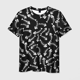 Мужская футболка 3D с принтом Fishbones в Санкт-Петербурге, 100% полиэфир | прямой крой, круглый вырез горловины, длина до линии бедер | bone | fish | fishbone | дохлая рыба | кости | кость | море | паттерн | рыбий скелет | рыбки | рыбы | скелет