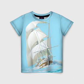 Детская футболка 3D с принтом The white wanderer в Санкт-Петербурге, 100% гипоаллергенный полиэфир | прямой крой, круглый вырез горловины, длина до линии бедер, чуть спущенное плечо, ткань немного тянется | ocean | sea | ship | волны | океан | парусник