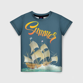 Детская футболка 3D с принтом Summer by the sea в Санкт-Петербурге, 100% гипоаллергенный полиэфир | прямой крой, круглый вырез горловины, длина до линии бедер, чуть спущенное плечо, ткань немного тянется | ocean | sea | ship | summer | волны | океан | парусник