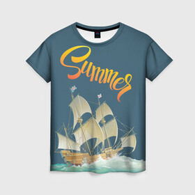 Женская футболка 3D с принтом Summer by the sea в Санкт-Петербурге, 100% полиэфир ( синтетическое хлопкоподобное полотно) | прямой крой, круглый вырез горловины, длина до линии бедер | ocean | sea | ship | summer | волны | океан | парусник