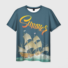 Мужская футболка 3D с принтом Summer by the sea в Санкт-Петербурге, 100% полиэфир | прямой крой, круглый вырез горловины, длина до линии бедер | ocean | sea | ship | summer | волны | океан | парусник