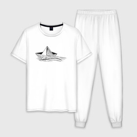 Мужская пижама хлопок с принтом БУМАЖНЫЙ КОРАБЛИК | PAPER BOAT (Z) в Санкт-Петербурге, 100% хлопок | брюки и футболка прямого кроя, без карманов, на брюках мягкая резинка на поясе и по низу штанин
 | origami | paper boat | ship | ships | бумага | кораблик | кораблики | кораблики на белом | корабль | мореход | одинокая лодка | оригами | самоделка | судно | яхта