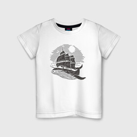 Детская футболка хлопок с принтом КИТ ФРЕГАТ WHALE FRIGATE (Z) в Санкт-Петербурге, 100% хлопок | круглый вырез горловины, полуприлегающий силуэт, длина до линии бедер | Тематика изображения на принте: boat | frigate | mastodon | rorqual | sailboat | ship | ships | whale | бумага | кит | китовый | кораблик | кораблики | корабль | левиафан | лодка | мастак | мастодонт | мореход | одинокая лодка | парусник | столп | судно | фрегат