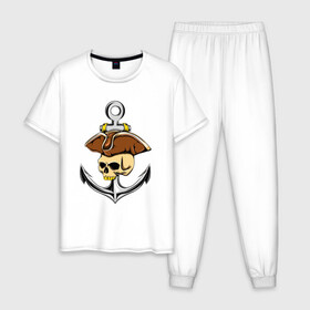 Мужская пижама хлопок с принтом PIRAT ANCHOR ПИРАТСКИЙ ЯКОРЬ (Z) в Санкт-Петербурге, 100% хлопок | брюки и футболка прямого кроя, без карманов, на брюках мягкая резинка на поясе и по низу штанин
 | anchor | japanese anchor | pirat | pirat anchor | заякориться | пират | пиратский якорь | стоп судно | якорек | якорный | якорь | японский якорь