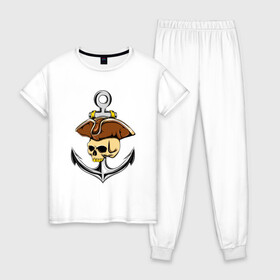 Женская пижама хлопок с принтом PIRAT ANCHOR ПИРАТСКИЙ ЯКОРЬ (Z) в Санкт-Петербурге, 100% хлопок | брюки и футболка прямого кроя, без карманов, на брюках мягкая резинка на поясе и по низу штанин | anchor | japanese anchor | pirat | pirat anchor | заякориться | пират | пиратский якорь | стоп судно | якорек | якорный | якорь | японский якорь