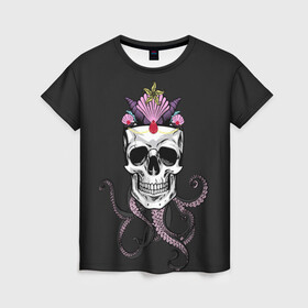 Женская футболка 3D с принтом Octo-Queen в Санкт-Петербурге, 100% полиэфир ( синтетическое хлопкоподобное полотно) | прямой крой, круглый вырез горловины, длина до линии бедер | abyss | crown | depth | ocean | octopus | queen | sea | shell | skull | water | вода | глубина | королева | корона | море | океан | осьминог | пучина | ракушка | череп