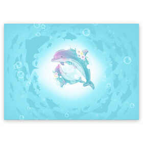 Поздравительная открытка с принтом Два дельфина в Санкт-Петербурге, 100% бумага | плотность бумаги 280 г/м2, матовая, на обратной стороне линовка и место для марки
 | cute | dolphin | два дельфина | дельфин | дельфин в море | дельфинами | милый | мир | подводный