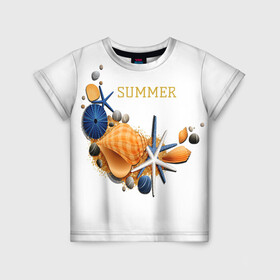 Детская футболка 3D с принтом Summer в Санкт-Петербурге, 100% гипоаллергенный полиэфир | прямой крой, круглый вырез горловины, длина до линии бедер, чуть спущенное плечо, ткань немного тянется | summer | лето | морская звезда | надписи о лете | популярные иллюстрации | ракушки