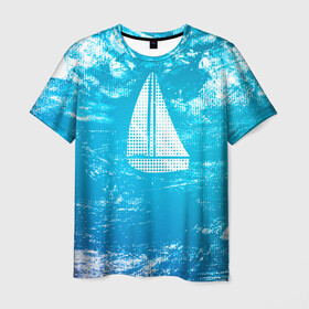 Мужская футболка 3D с принтом Парусная лодка в Санкт-Петербурге, 100% полиэфир | прямой крой, круглый вырез горловины, длина до линии бедер | sailboat | кораблик | корабль | лодка | на голубом | парус | паруса | парусная лодка | халфтон