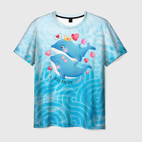 Мужская футболка 3D с принтом Два дельфина в Санкт-Петербурге, 100% полиэфир | прямой крой, круглый вырез горловины, длина до линии бедер | Тематика изображения на принте: cute | dolphin | два дельфина | дельфин | дельфин в море | дельфинами | любовь | милый | мир | подводный | сердечки