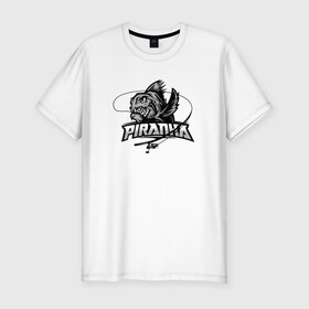 Мужская футболка хлопок Slim с принтом Пиранья в Санкт-Петербурге, 92% хлопок, 8% лайкра | приталенный силуэт, круглый вырез ворота, длина до линии бедра, короткий рукав | black and white | black fish | fish | piranha | море | океан | пиранья | рыбка | с надписями | удочка | черная рыба