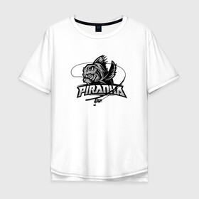 Мужская футболка хлопок Oversize с принтом Пиранья в Санкт-Петербурге, 100% хлопок | свободный крой, круглый ворот, “спинка” длиннее передней части | black and white | black fish | fish | piranha | море | океан | пиранья | рыбка | с надписями | удочка | черная рыба