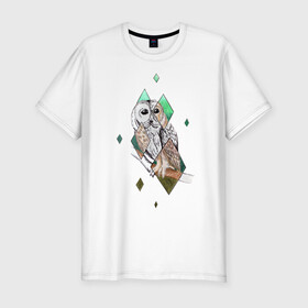 Мужская футболка хлопок Slim с принтом Owl rhombus в Санкт-Петербурге, 92% хлопок, 8% лайкра | приталенный силуэт, круглый вырез ворота, длина до линии бедра, короткий рукав | геометрия | графика | природа | птицы | реализм | рисунок | ромб | ручная рисовка | сова