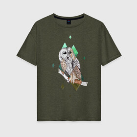 Женская футболка хлопок Oversize с принтом Owl rhombus в Санкт-Петербурге, 100% хлопок | свободный крой, круглый ворот, спущенный рукав, длина до линии бедер
 | геометрия | графика | природа | птицы | реализм | рисунок | ромб | ручная рисовка | сова