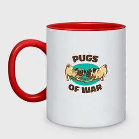 Кружка двухцветная с принтом Pugs of War - Мопсы войны в Санкт-Петербурге, керамика | объем — 330 мл, диаметр — 80 мм. Цветная ручка и кайма сверху, в некоторых цветах — вся внутренняя часть | art | cute pugs | english | funny art | game | god of war | parody | pug | английская надпись | год оф вар | игра | иллюстрация | канат | милые мопсы | мопс | мопсики | пародия | перетягивание каната | прикол | пуг | пугель | рисунок