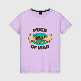 Женская футболка хлопок с принтом Pugs of War - Мопсы войны в Санкт-Петербурге, 100% хлопок | прямой крой, круглый вырез горловины, длина до линии бедер, слегка спущенное плечо | art | cute pugs | english | funny art | game | god of war | parody | pug | английская надпись | год оф вар | игра | иллюстрация | канат | милые мопсы | мопс | мопсики | пародия | перетягивание каната | прикол | пуг | пугель | рисунок