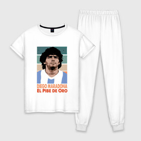 Женская пижама хлопок с принтом Maradona - El Pibe De Oro в Санкт-Петербурге, 100% хлопок | брюки и футболка прямого кроя, без карманов, на брюках мягкая резинка на поясе и по низу штанин | argentina | maradona | messi | sport | аргентина | гол | диего | марадона | месси | мяч | рука бога | спорт | футбол | чемпион