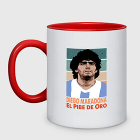 Кружка двухцветная с принтом Maradona - El Pibe De Oro в Санкт-Петербурге, керамика | объем — 330 мл, диаметр — 80 мм. Цветная ручка и кайма сверху, в некоторых цветах — вся внутренняя часть | argentina | maradona | messi | sport | аргентина | гол | диего | марадона | месси | мяч | рука бога | спорт | футбол | чемпион