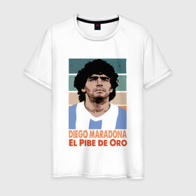 Мужская футболка хлопок с принтом Maradona - El Pibe De Oro в Санкт-Петербурге, 100% хлопок | прямой крой, круглый вырез горловины, длина до линии бедер, слегка спущенное плечо. | argentina | maradona | messi | sport | аргентина | гол | диего | марадона | месси | мяч | рука бога | спорт | футбол | чемпион
