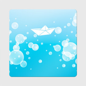 Магнит виниловый Квадрат с принтом Бумажный кораблик в Санкт-Петербурге, полимерный материал с магнитным слоем | размер 9*9 см, закругленные углы | бумажный | кораблик | кораблики на синем | корабль | пузыри