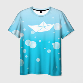Мужская футболка 3D с принтом Бумажный кораблик в Санкт-Петербурге, 100% полиэфир | прямой крой, круглый вырез горловины, длина до линии бедер | бумажный | кораблик | кораблики на синем | корабль | пузыри