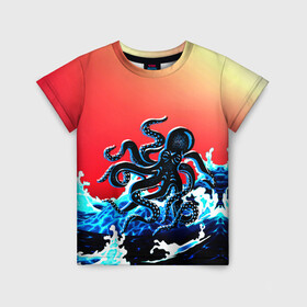 Детская футболка 3D с принтом Кракен в Море | Градиент в Санкт-Петербурге, 100% гипоаллергенный полиэфир | прямой крой, круглый вырез горловины, длина до линии бедер, чуть спущенное плечо, ткань немного тянется | animal | beast | fade | kraken | monster | moon | ocean | octopus | sea | water | waves | вода | волны | градиент | животные | звери | кракен | луна | монстр | море | океан | осьминог | рыбы | щупальца