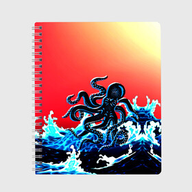 Тетрадь с принтом Кракен в Море | Градиент в Санкт-Петербурге, 100% бумага | 48 листов, плотность листов — 60 г/м2, плотность картонной обложки — 250 г/м2. Листы скреплены сбоку удобной пружинной спиралью. Уголки страниц и обложки скругленные. Цвет линий — светло-серый
 | animal | beast | fade | kraken | monster | moon | ocean | octopus | sea | water | waves | вода | волны | градиент | животные | звери | кракен | луна | монстр | море | океан | осьминог | рыбы | щупальца