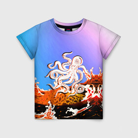 Детская футболка 3D с принтом Осьминог в Лаве | Градиент в Санкт-Петербурге, 100% гипоаллергенный полиэфир | прямой крой, круглый вырез горловины, длина до линии бедер, чуть спущенное плечо, ткань немного тянется | animal | beast | fade | kraken | monster | moon | ocean | octopus | sea | water | waves | вода | волны | градиент | животные | звери | кракен | лава | луна | монстр | море | небо | огонь | океан | осьминог | рыбы | щупальца